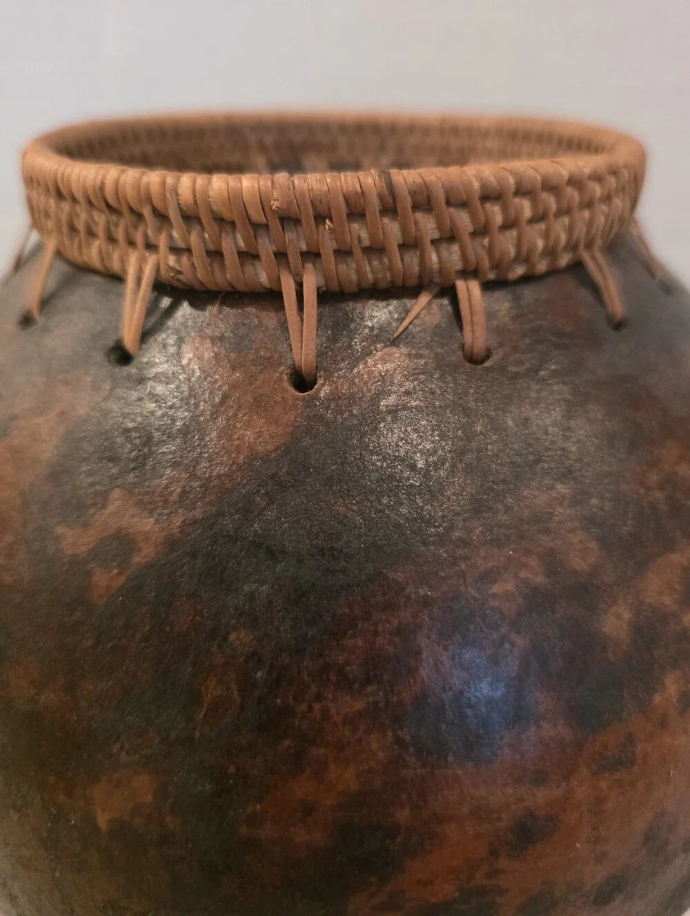 Vintage Pier 1 Gourd Style Clay Pottery Basket Weave Stitched Vase/ Bowl